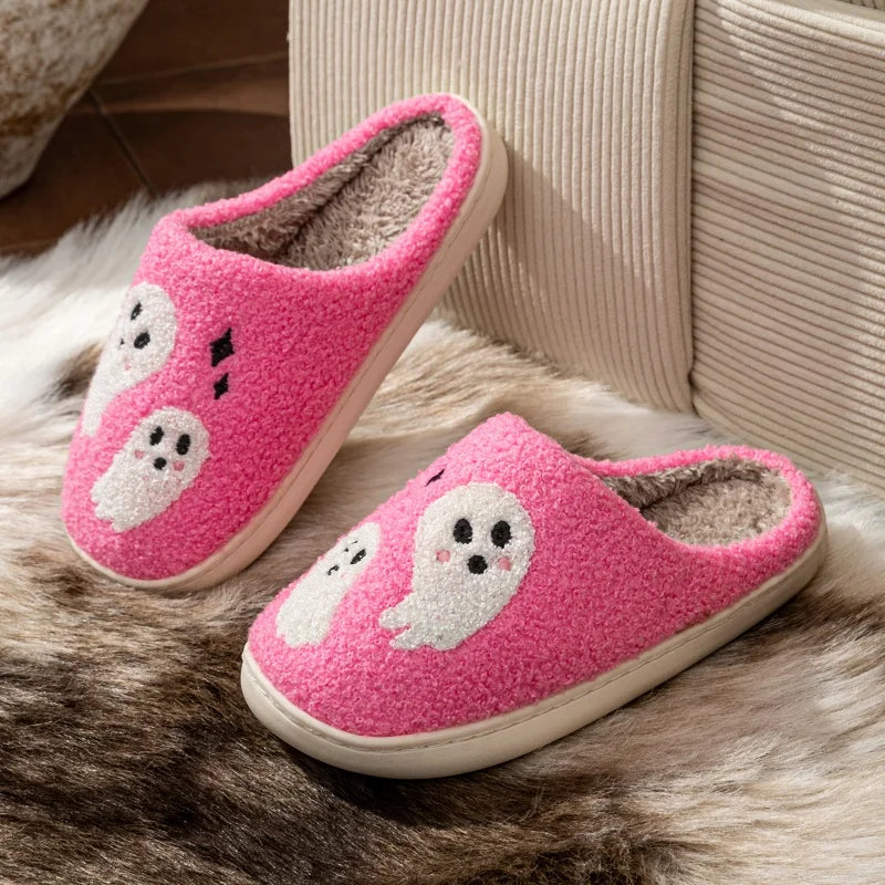 Halloween Slippers Women's Winter Pink Cute Ghost Indoor Cartoon Comfort Home Bedroom Soft Causal Flat Plush Shoes for Gift Good Vibrations