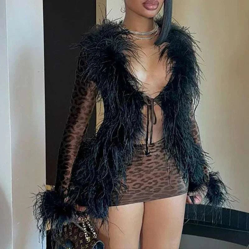 OMSJ sexy faux fur feather patchwork lace-up cardigan with mini leopard print skirt.