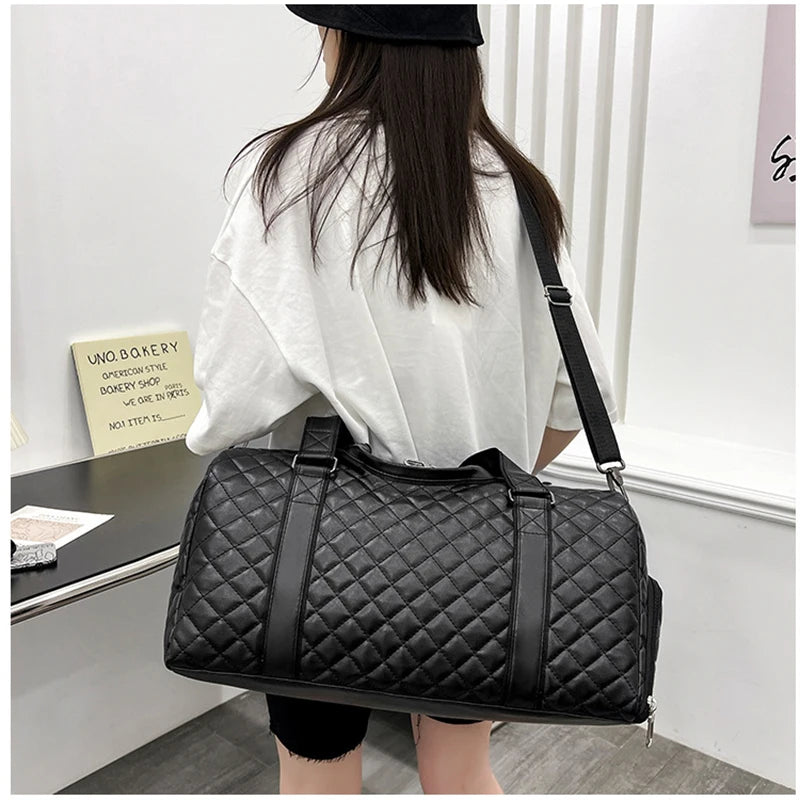Duffle Tote Gym Fitness Bags for Woman PU Leather Handbag Travel Luggage Shoulder Sports Shoes Pocket Weekend Crossbody Bags Good Vibrations