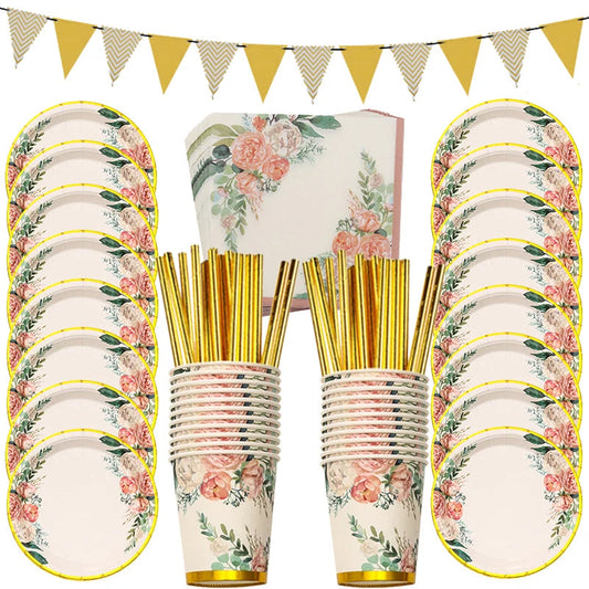 Tea Party Vintage Floral Gold Edge Pattern Disposable Tableware Set Paper Plates Cups Napkins Wedding Birthday Party Decor Good Vibrations