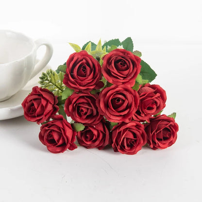 10 Heads Artificial Flowers Scrapbooking Silk Roses Christmas Wedding Party Bouquet Household Products Vases for Home Decoration Good Vibrations