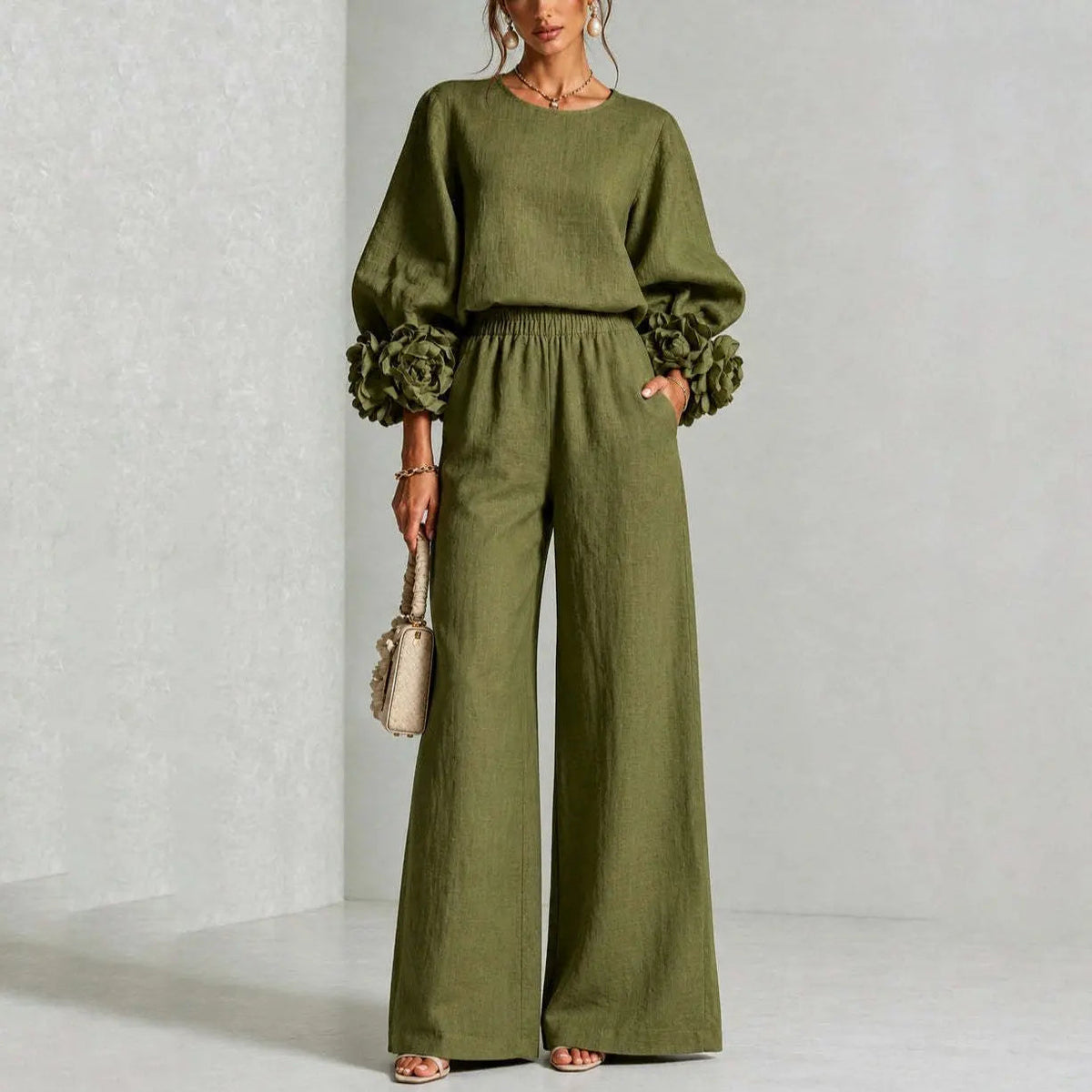 Women 2 Piece Outfit O Neck Puff Long Sleeve Top 3D Floral + Elastic Waist Wide Leg Pants Set Autumn Elegant Casual Office Suit Good Vibrations