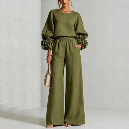 Women 2 Piece Outfit O Neck Puff Long Sleeve Top 3D Floral + Elastic Waist Wide Leg Pants Set Autumn Elegant Casual Office Suit Good Vibrations