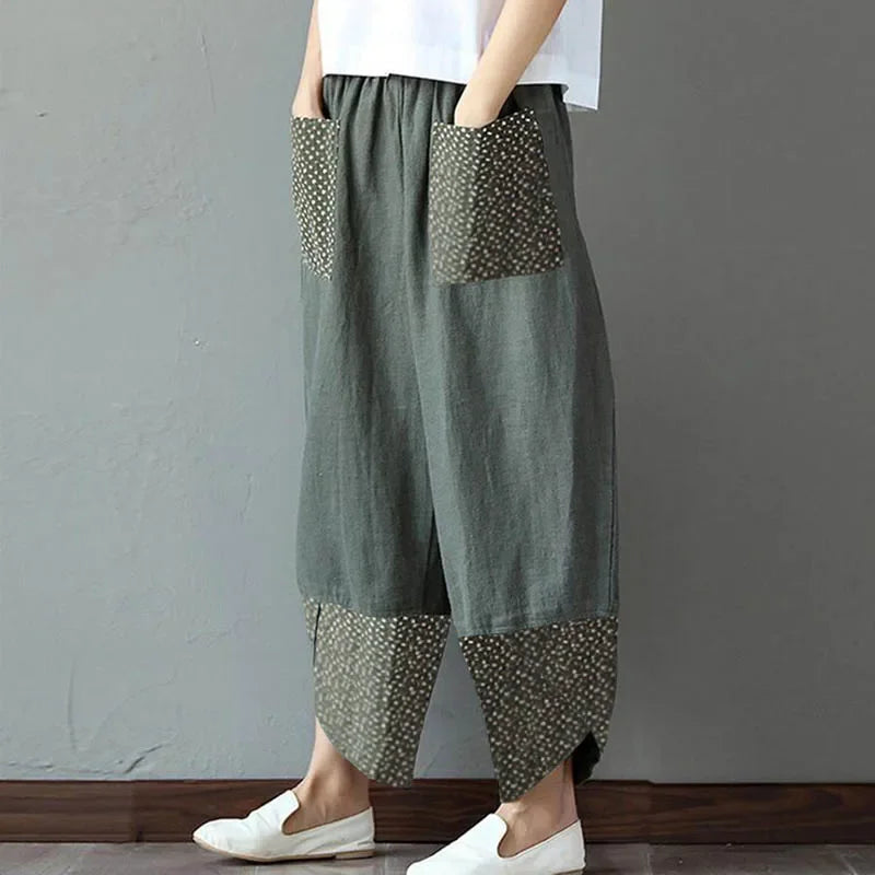 Vintage Print Pants Women Fashion Irregular Casual High Waist Elastic Waist Straight Loose Trousers Summer Lady Cargo Pantalon Good Vibrations