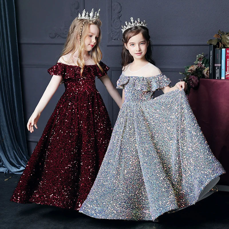 Girl's Western Style Evening Dress Flower Girl Sequined Catwalk Host Piano Performance Princess Dress Good Vibrations