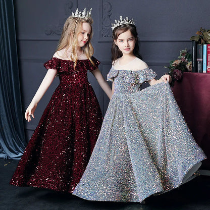 Girl's Western Style Evening Dress Flower Girl Sequined Catwalk Host Piano Performance Princess Dress Good Vibrations
