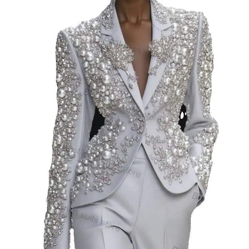Luxury Shiny Women Suit Set 2 Piece Pearls Blazer+Pants Trousers Formal Office Jacket Cotton Customized Wedding Tuxedos Coat Good Vibrations