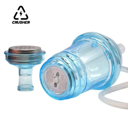 CRUSHER Cute Car acrylic hookah cup with LED light, shown in blue, featuring metal tobacco bowl and silicone hose; portable party shisha set.