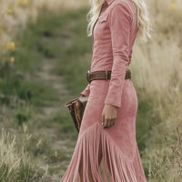 Women's Vintage Western Style Long Sleeve Dress - Sexy Long Sleeve V-Neck with Fringe Hem, Party, Holiday Dress, Suitable for Spring, Summer, Autumn, Casual to Semi-Formal Occasions, Western Themed Parties (No Belt) Good Vibrations