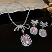 Inlaid Rhinestone Necklace Earrings Two Pcs Set Zircon Square Bow Jewelry Sets Light Luxury Fashion High Sense Accessories Gifts Good Vibrations Adult Super Store