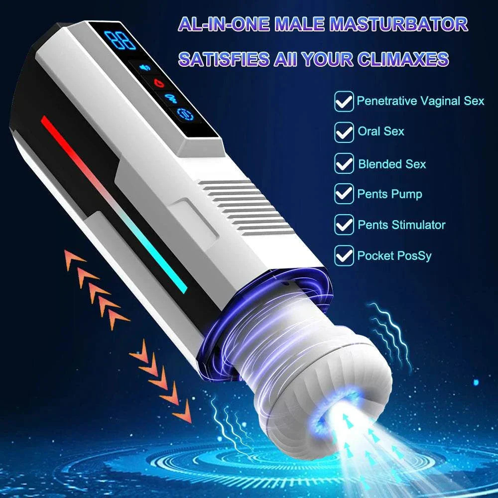 Automatic telescopic male masturbator cup with sucking and vibrating features.
