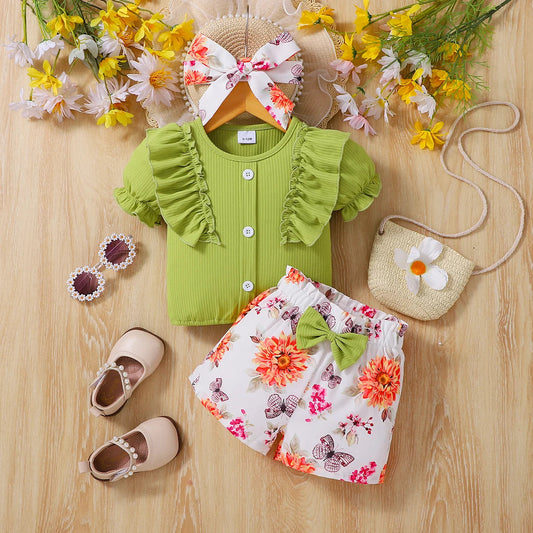 Girls Summer Outfit with Ruffle Sleeve Top And Floral Shorts Children's Clothing Set for Girls Good Vibrations
