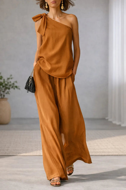 Women's 2 Piece Set 2026 Summer Sexy One Shoulder Tie Knot Top And Wide Leg Pants Suit Casual Loose Summer Beach Vacation Outfit Good Vibrations