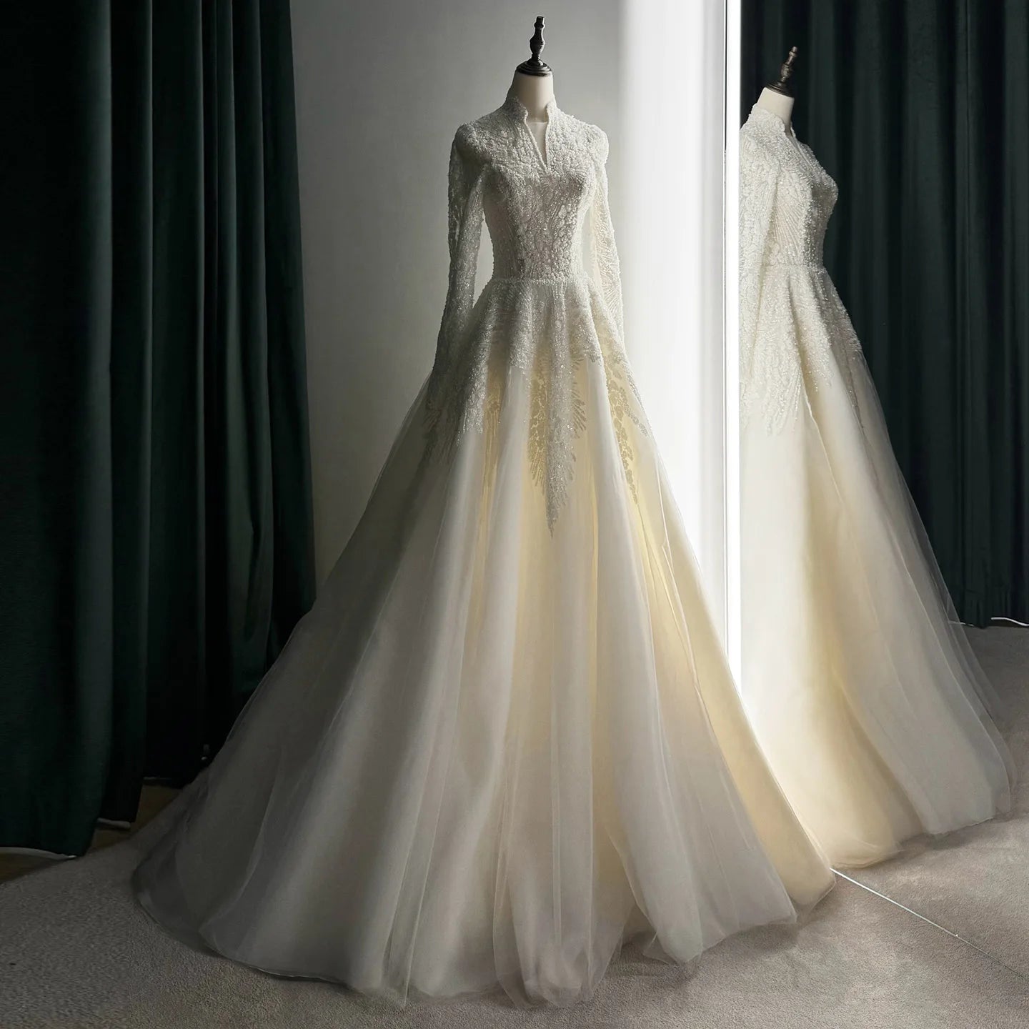 Sharon Said Elegant Luxury Dubai Beading Pearls Long Sleeves V-Neck  Wedding Dress Princess Arabic Bride Dress SW518 Customized Good Vibrations