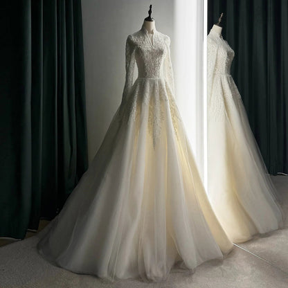 Sharon Said Elegant Luxury Dubai Beading Pearls Long Sleeves V-Neck  Wedding Dress Princess Arabic Bride Dress SW518 Customized Good Vibrations
