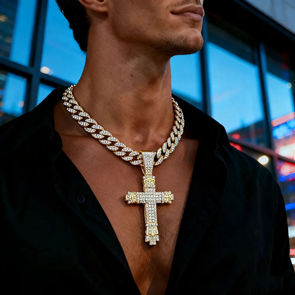 Cross Cross Pendant Necklace For Men Hip Hop Cuban Chain Bling Jewelry With Crystal Miami Cuban Chain fashion jewelry Good Vibrations