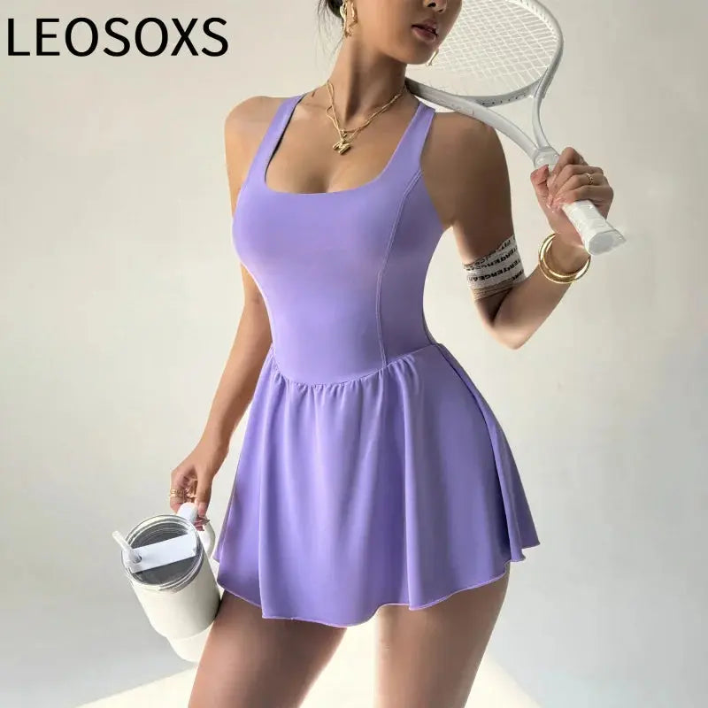 Leosoxs Tennis Dress Women One-pieces Slim Fit Soft Sports Sets Athletic Dress With Chest Pads Workout Dress Golf Women's Clothe Good Vibrations