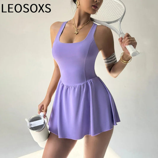 Leosoxs Tennis Dress Women One-pieces Slim Fit Soft Sports Sets Athletic Dress With Chest Pads Workout Dress Golf Women's Clothe Good Vibrations