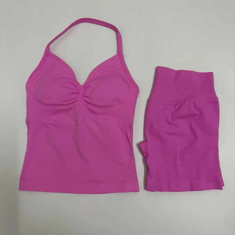 2 Pieces Women Yoga Set Seamless Impact Longline Strappy Tank Top Scrunch Sports Shorts Gym Clothes Woman Summer Workout Outfit Good Vibrations