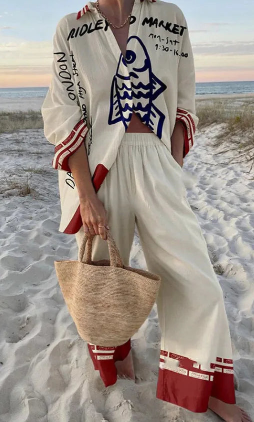 Women's Two Piece Set Print Shirt Pants Suit Single Breasted Lapel Short Sleeve Shirt And Wide Leg Trousers Sets, Lady Outfits Good Vibrations