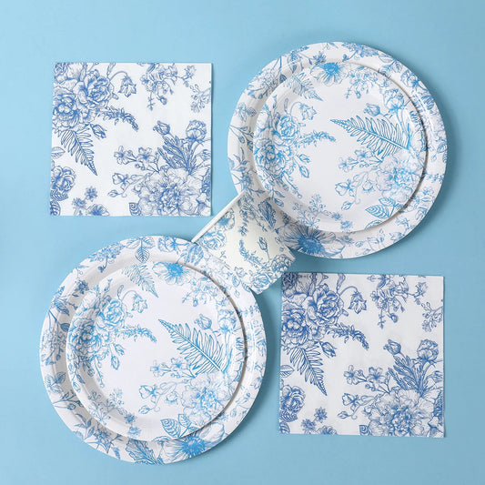 Blue Floral Disposable Tableware Paper Plate Birthday Party Decor Kids Boy Wedding Birthday Party Supplies Favors Baby Shower Good Vibrations