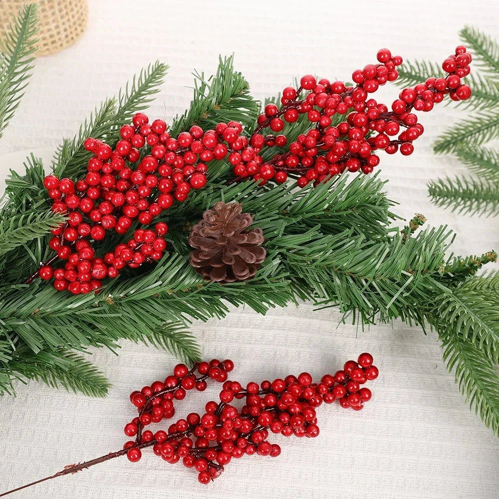 Christmas Red Berries Branch  Artificial Holly Berry Stamen Wreath DIY Foam Fake Flower Ornaments for Xmas Tree Party Home Decor Good Vibrations
