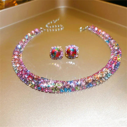 Luxury Crystal Necklace Earrings Set Pink ABcolourful Necklace for Women Weddings Party Jewelry Sets Accessories Good Vibrations Adult Super Store