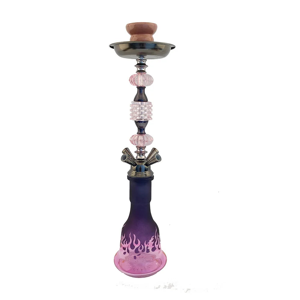 Pink double pipe hookah water pipe with four tubes, metal and glass shisha.