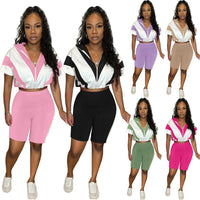 Colorblock Women Tracksuit Sets Short Sleeve Top and High Waist Tight Shorts Suit 2025 Summer Two 2 Piece Biker Short Set Outfit Good Vibrations