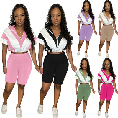Colorblock Women Tracksuit Sets Short Sleeve Top and High Waist Tight Shorts Suit 2025 Summer Two 2 Piece Biker Short Set Outfit