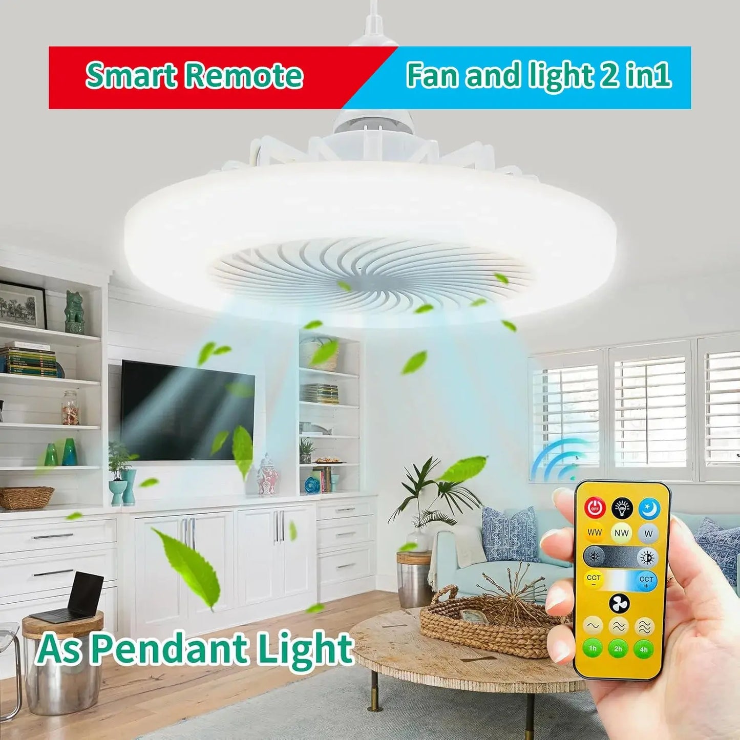 Socket Fan Ceiling Fan with Light, Portable 3 Wind Speeds 36w Ceiling Fan Socket with Remote, 3 Light Dimmable Small Fan Good Vibrations