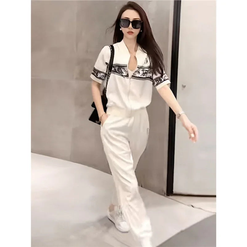 Summer Sporty Casual Women's Short Sleeve Two-Piece Set Trendy White Open Cardigan And Loose Pants Street Style Outfit Good Vibrations