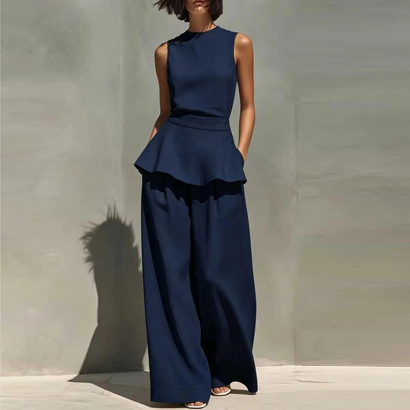 Office Lady Outfits Women Fashion Two Piece Set Summer Sleeveless O Neck Vest Sleeveless Shirt High Waist Pants Suit Work Wear Good Vibrations