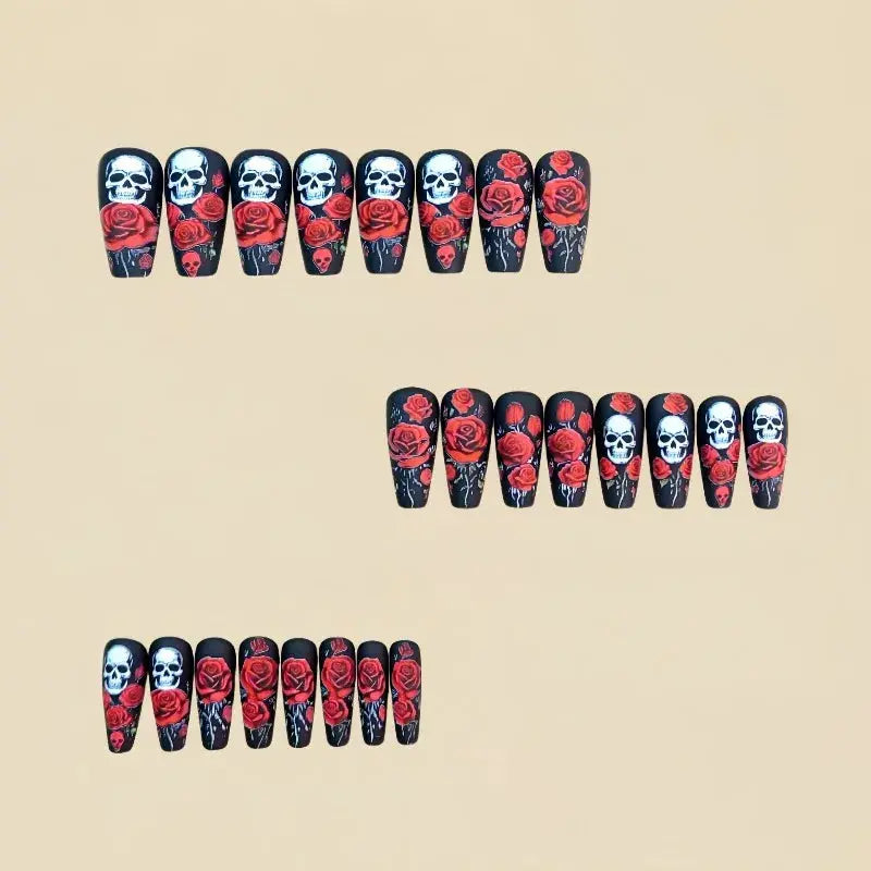 24 Halloween Nail Art Medium-Length Ballet Nails Press Ons with Design Red Rose Skullpcs False Nails for Girls Paste Nails 2025 Good Vibrations