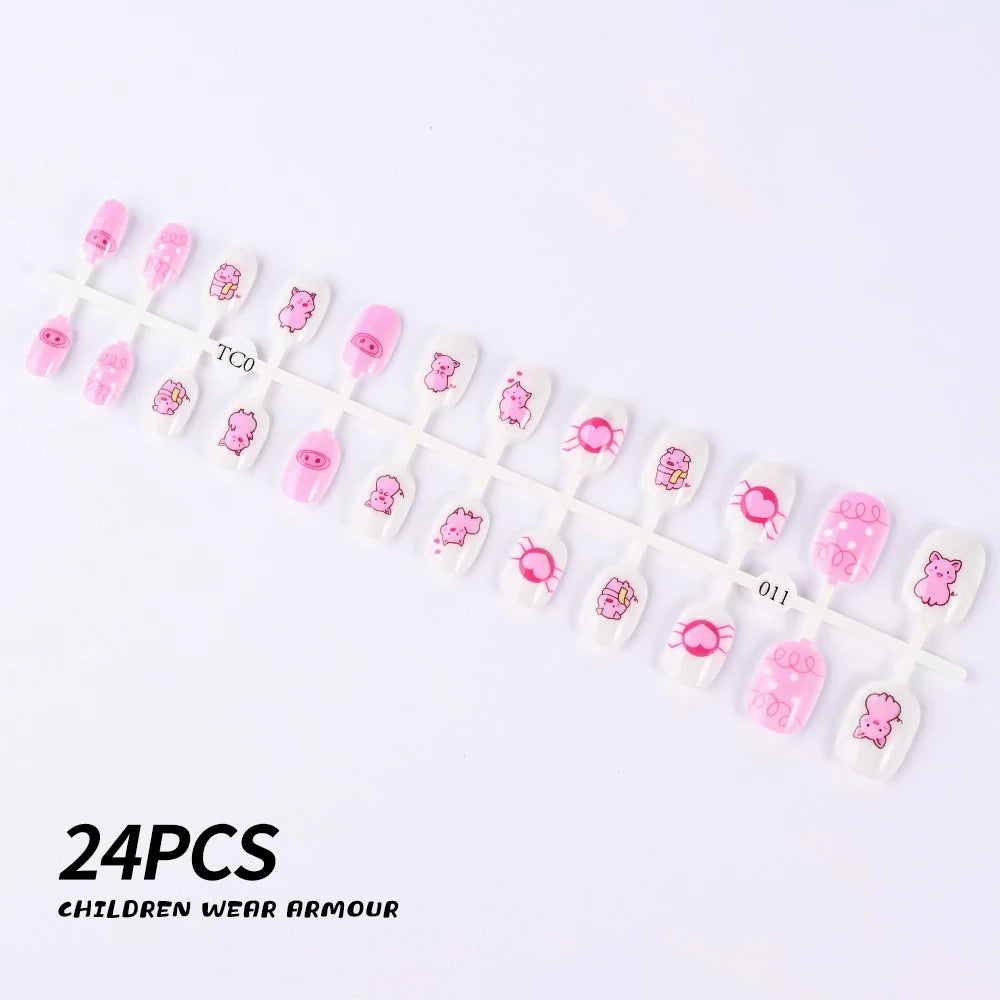 24Pcs/Strip Pink Detachable Child False Nails Tip Kawaii Cartoon Strawberry Acrylic Artificial Full Cover Press On Nail for Girl Good Vibrations