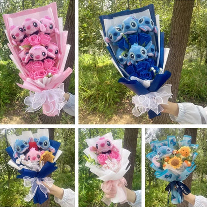 Cartoon Anime Stitch Plush Bouquet Doll Toys Stuffed Animals Creative Handmade Bouquets Birthday Christmas Valentine Gifts Good Vibrations
