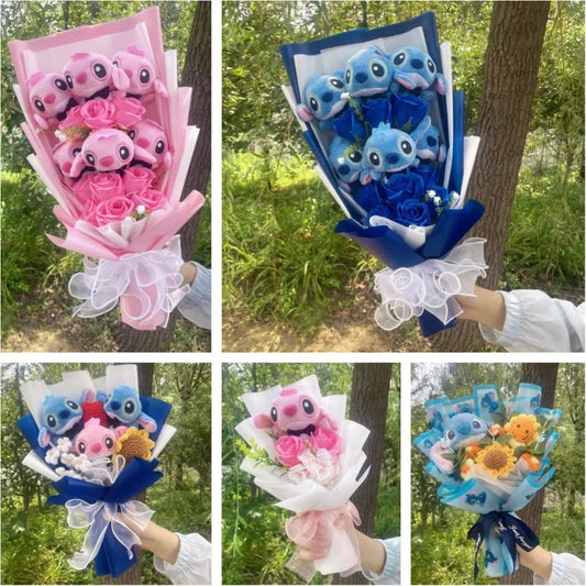 Cartoon Anime Stitch Plush Bouquet Doll Toys Stuffed Animals Creative Handmade Bouquets Birthday Christmas Valentine Gifts Good Vibrations