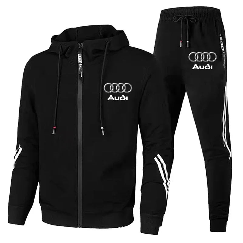 Autumn Winter Mens Audi Car Logo Print Tracksuit Men Zipper Hoodie+Pants 2 Piece Set Casual Gym Fitness Jogging Sportswear Suits Good Vibrations