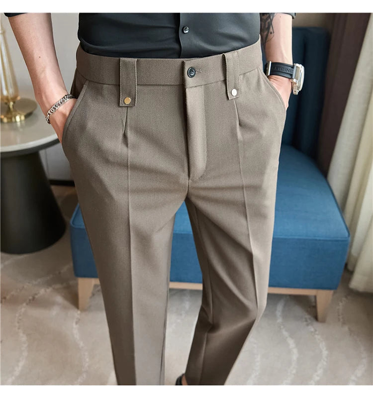 Mens Suit Pants 2025 Autumn New British Style Elastic Waist Solid Casual Formal Dress Pants Slim Fit Trousers for Men Clothing Good Vibrations