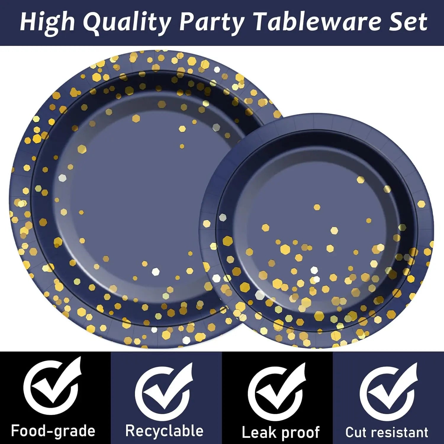 Navy Blue Gold Party Decorations Blue and Gold Disposable Tableware Set Paper Plates Cups Napkin Tablecloth Wedding Anniversary Good Vibrations