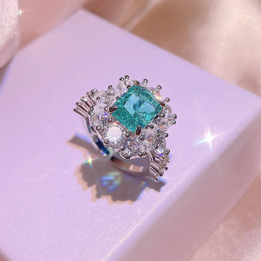 New Paraiba Women's Jewelry Set Princess Bling Bling Zircon Stud Earrings Pendant Adjustable Ring Three Piece Set Party Gift Good Vibrations