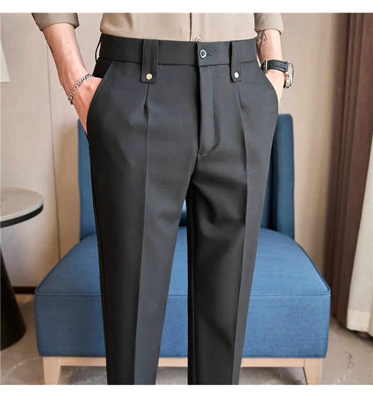 Mens Suit Pants 2025 Autumn New British Style Elastic Waist Solid Casual Formal Dress Pants Slim Fit Trousers for Men Clothing Good Vibrations