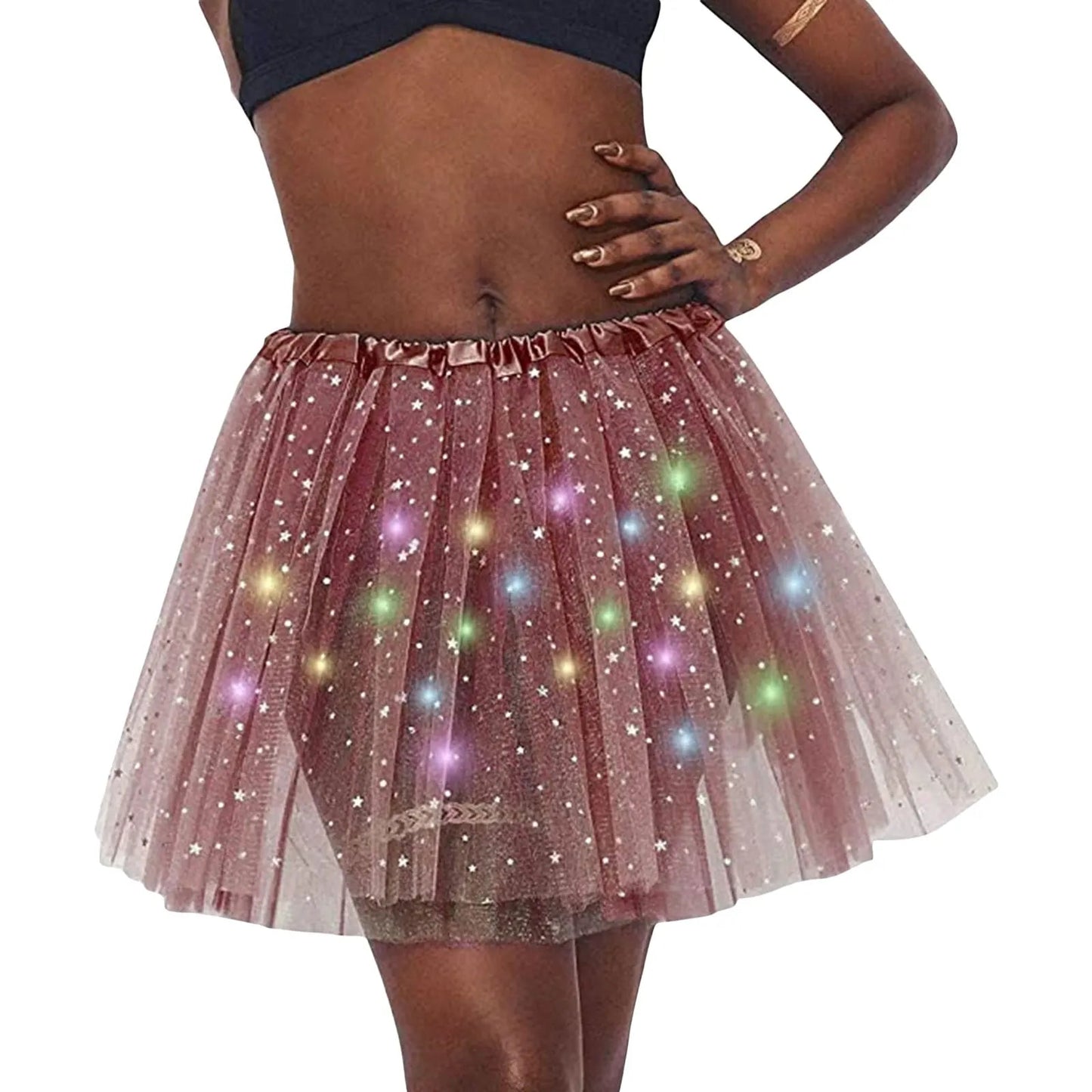 Halloween Cosplay Women Star Sequins Mesh Pleated Tulle Princess Skirt With LED Skirt Party Dancing Miniskirt Costume Clothing Good Vibrations