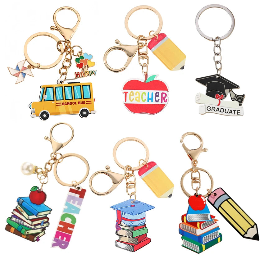 Teachers Day Gift Keychain Graduation Decorations 2025 Bus Book Wood Pendant Bag Charms Tassel Key Chains for Best Friends Gifts Good Vibrations