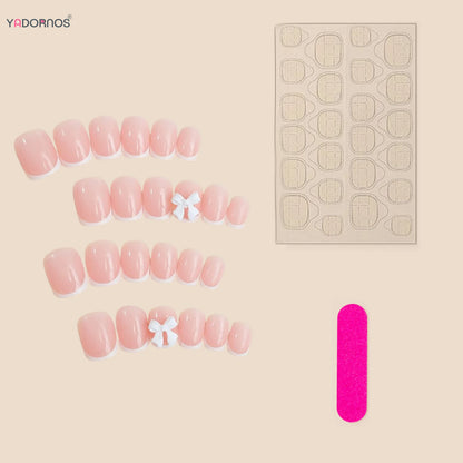 White French Press on Nails 3D Bowknot Fake Nails Tips Full Cover Wearable False Nails for Women and Girls DIY Manicure 24Pcs Good Vibrations