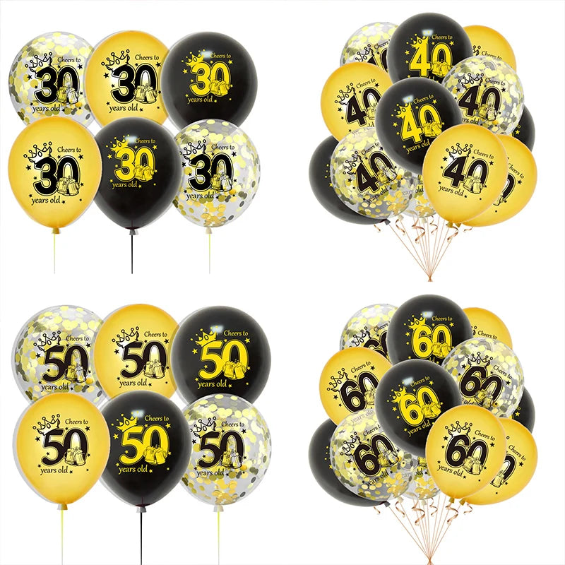 12pcs Happy Birthday Party Balloons 30th 40th 50th 60th Birthday Party Black Gold Latex Balloons Adult Birthday Party Decoration Good Vibrations