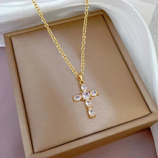 Luxury Cross Necklace for Women White/Black/Pink Cubic Zirconia Pendant Trendy Female Wedding Accessories Fashion Jewelry Good Vibrations