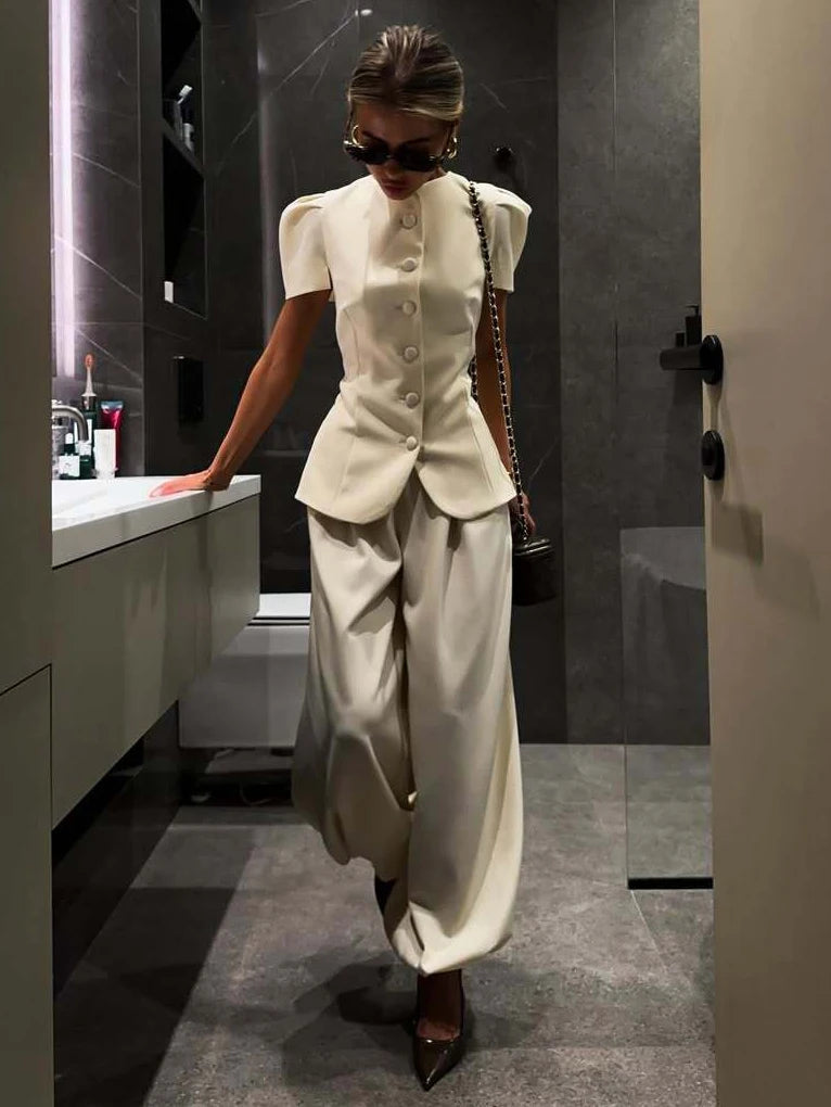 Womens 2 Piece Outfit Round Neck Puff Sleeve Fitted Blazer Top High Waist Wide Leg Pants Elegant Office Workwear White Suits Good Vibrations