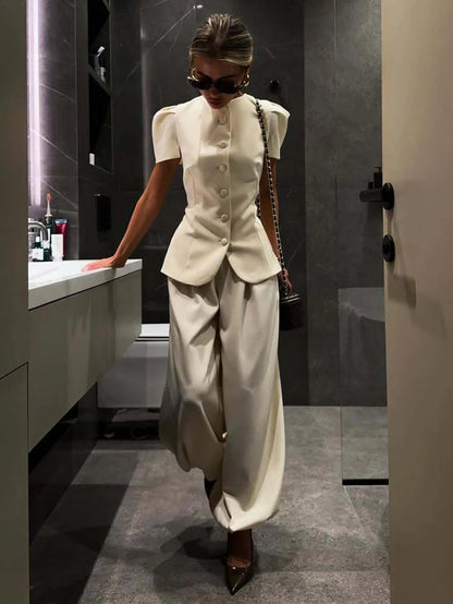 Womens 2 Piece Outfit Round Neck Puff Sleeve Fitted Blazer Top High Waist Wide Leg Pants Elegant Office Workwear White Suits Good Vibrations