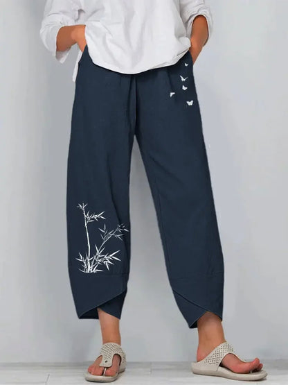 Vintage Print Pants Women Fashion Irregular Casual High Waist Elastic Waist Straight Loose Trousers Summer Lady Cargo Pantalon Good Vibrations